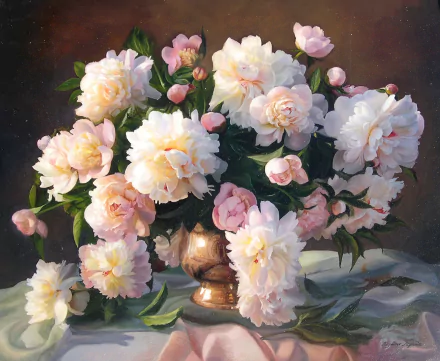 Artistic HD painting of a vase filled with blooming peony flowers, featuring soft pink and white petals against a dark background, designed as a PC desktop wallpaper.