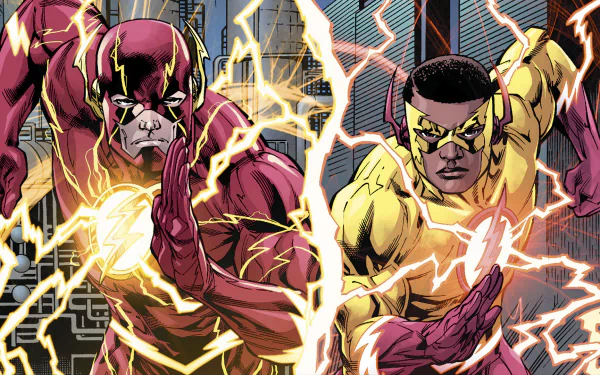 HD desktop wallpaper of Barry Allen (The Flash) and Wallace West (Kid Flash) from DC Comics, showcasing them in action with vibrant lightning effects.