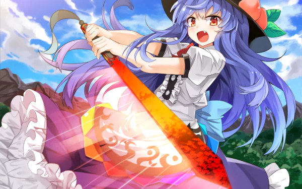 HD anime desktop wallpaper featuring Tenshi Hinanawi from Touhou, wielding a glowing sword against a vivid sky and lush background.
