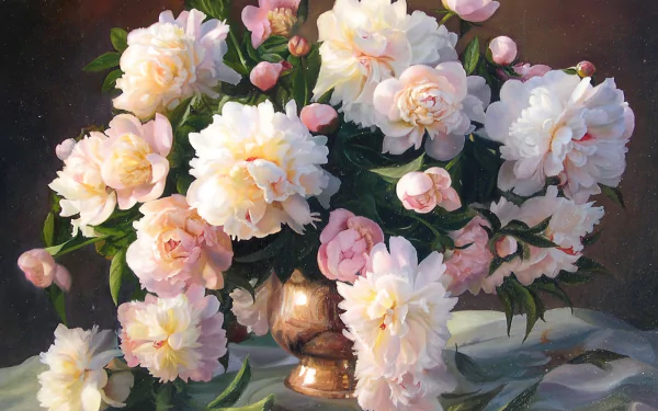 Artistic HD painting of a vase filled with blooming peony flowers, featuring soft pink and white petals against a dark background, designed as a PC desktop wallpaper.