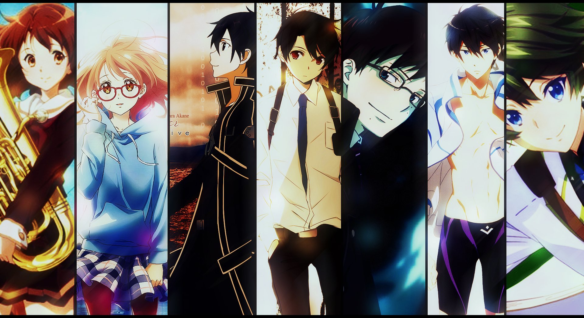 HD anime crossover wallpaper featuring various characters from different series, arranged in vertical panels.