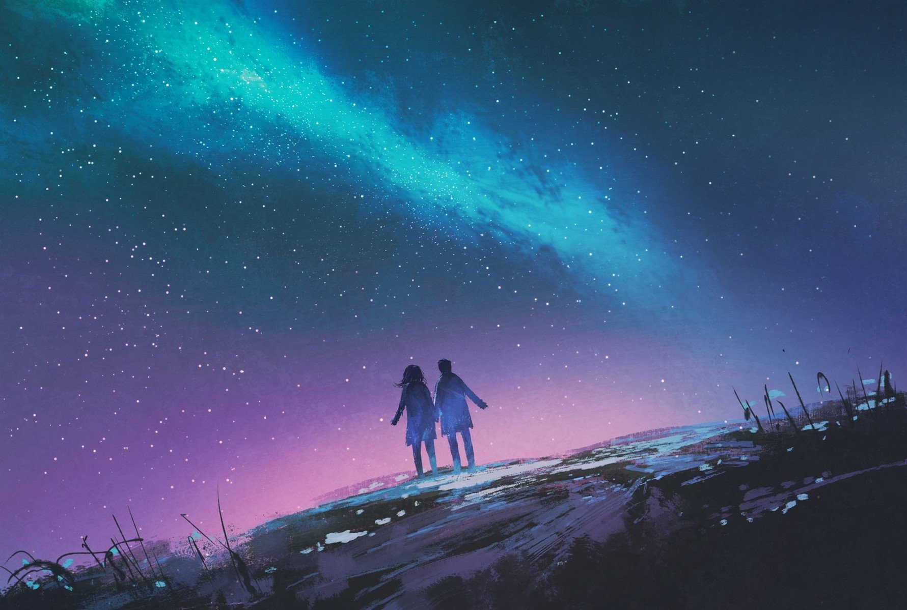 Anime-style HD desktop wallpaper showing two figures standing on a hill, gazing at a starry sky with a vibrant, colorful gradient.
