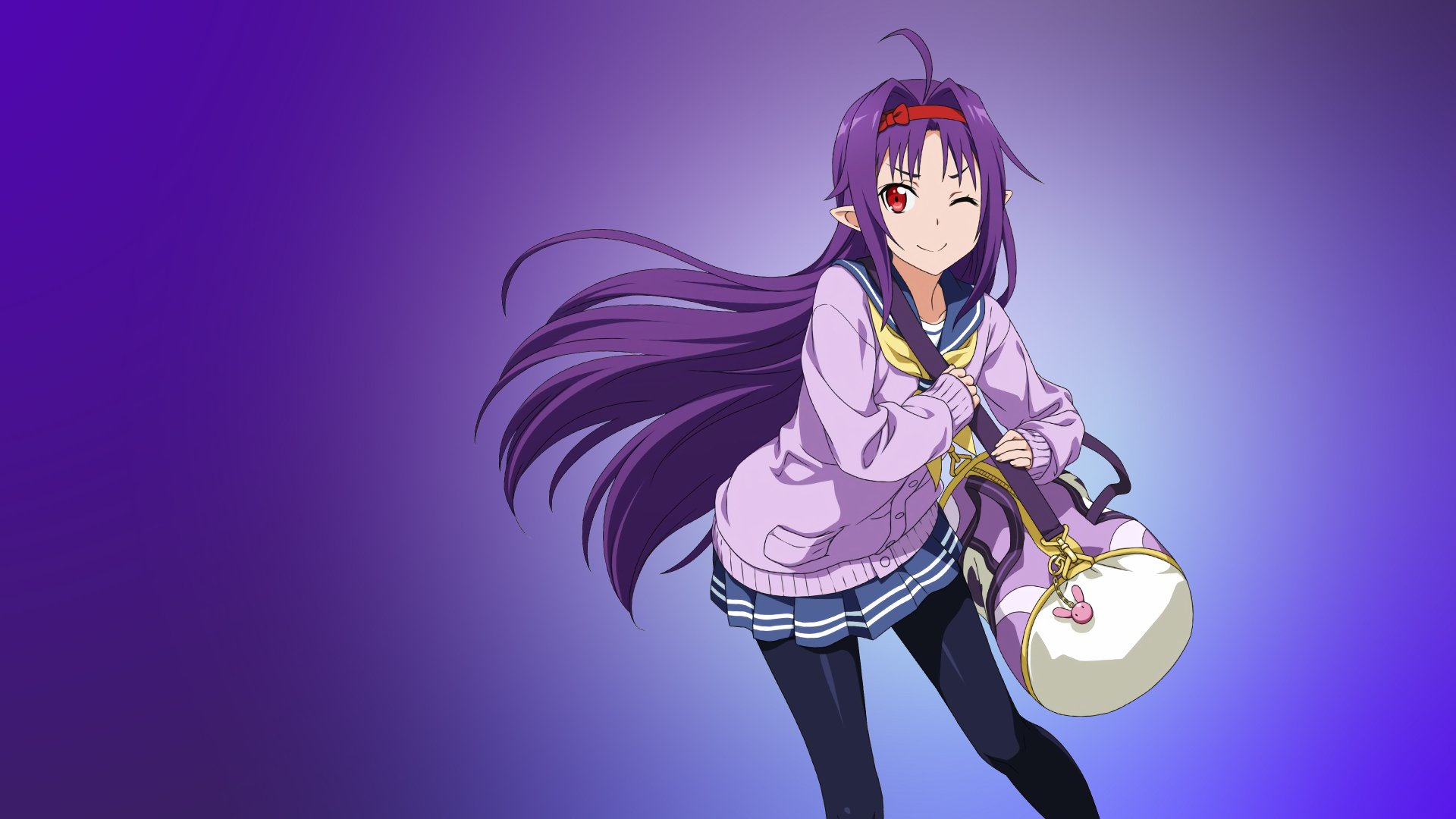 HD desktop wallpaper featuring Yuuki Konno from Sword Art Online II, depicted in anime style holding a bag with a gradient purple background.