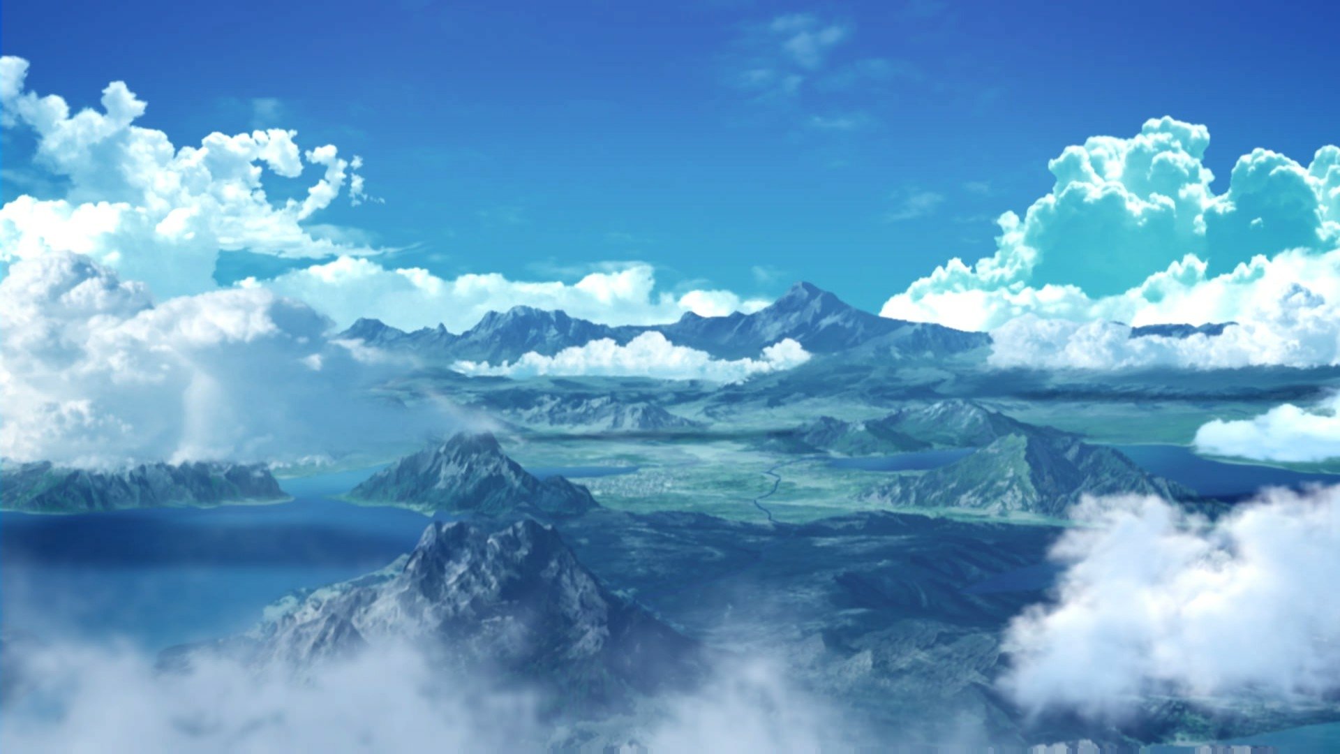 HD PC desktop wallpaper from the video game Tales of Berseria featuring a vast, mountainous landscape under a bright blue sky with scattered clouds.