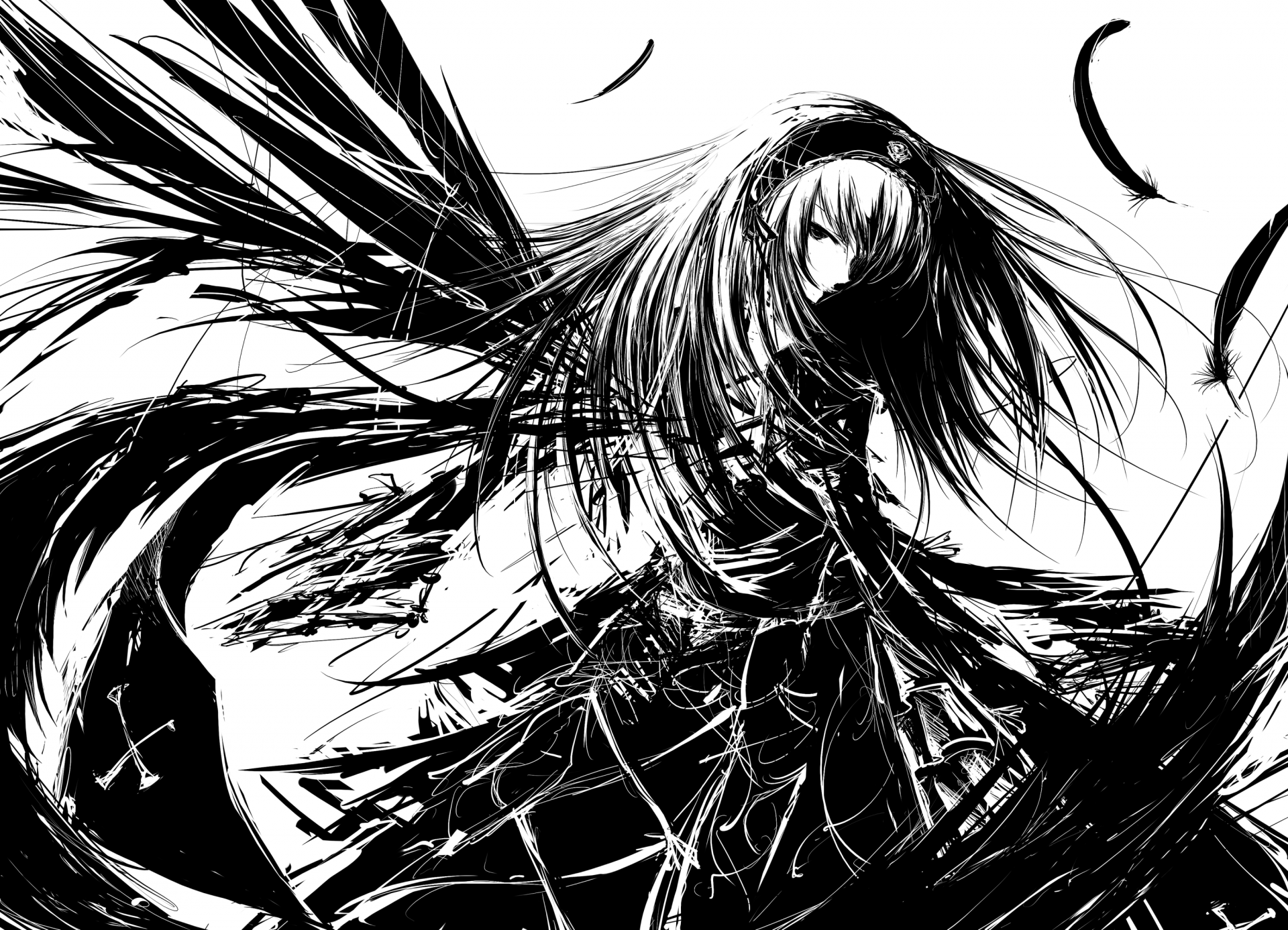 A striking black and white drawing of Suigintou from Rozen Maiden, showcasing intricate details and dramatic lines, designed as an HD wallpaper and background.