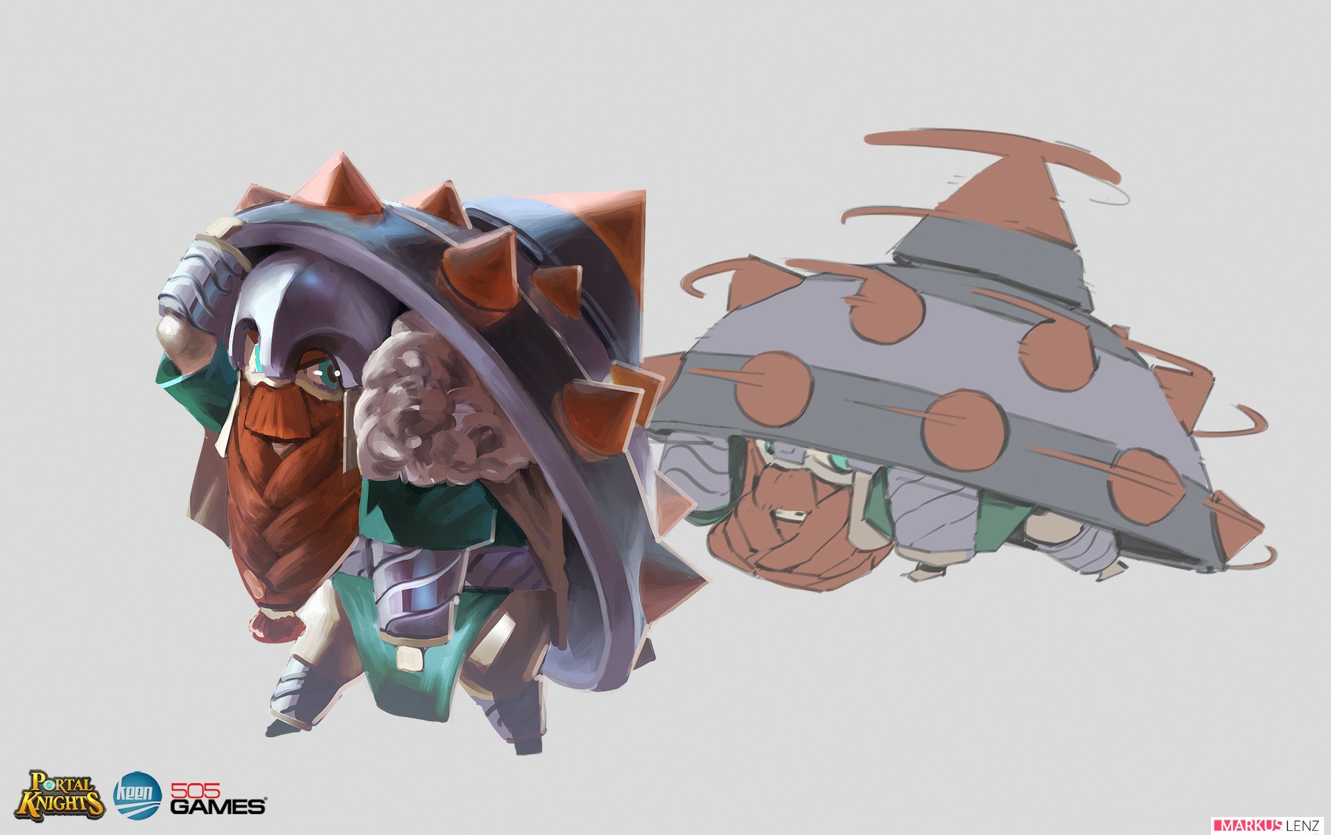 HD desktop wallpaper featuring characters from Portal Knights, with a whimsical design suitable as a computer background.