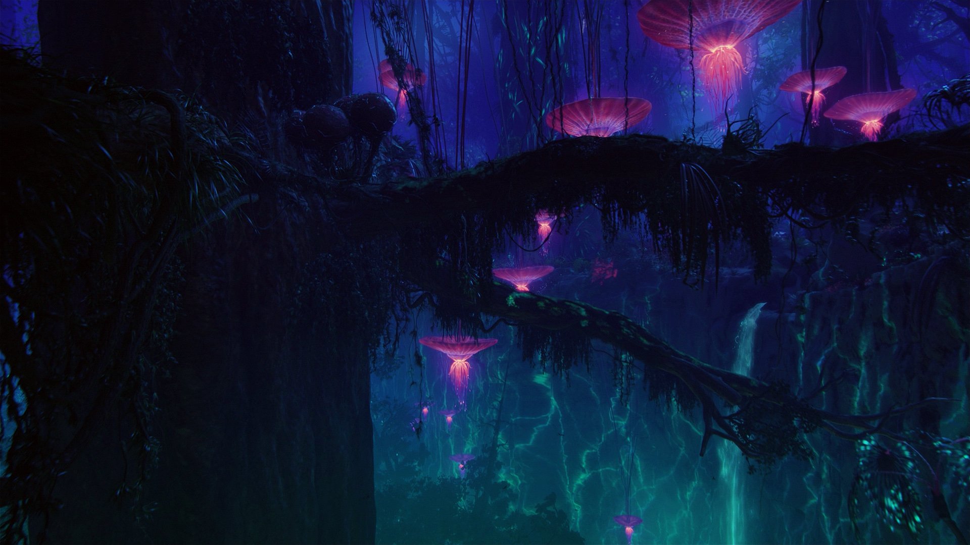 HD fantasy landscape wallpaper featuring an otherworldly waterfall amidst glowing plants and trees, evoking a mystical atmosphere.