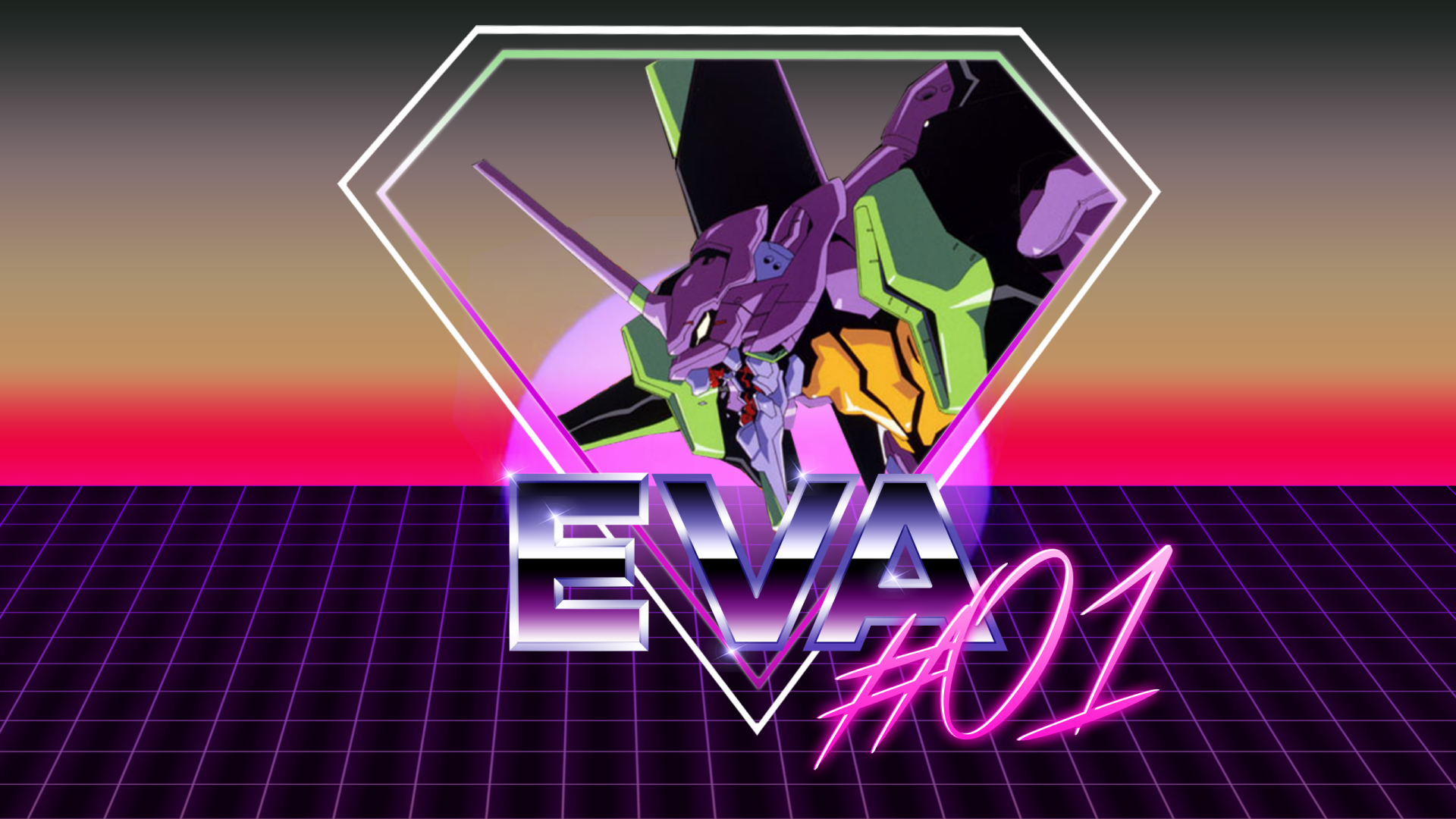 A vibrant HD wallpaper featuring Evangelion Unit-01 from the anime Neon Genesis Evangelion, set against a retro-inspired grid background with bold neon colors.