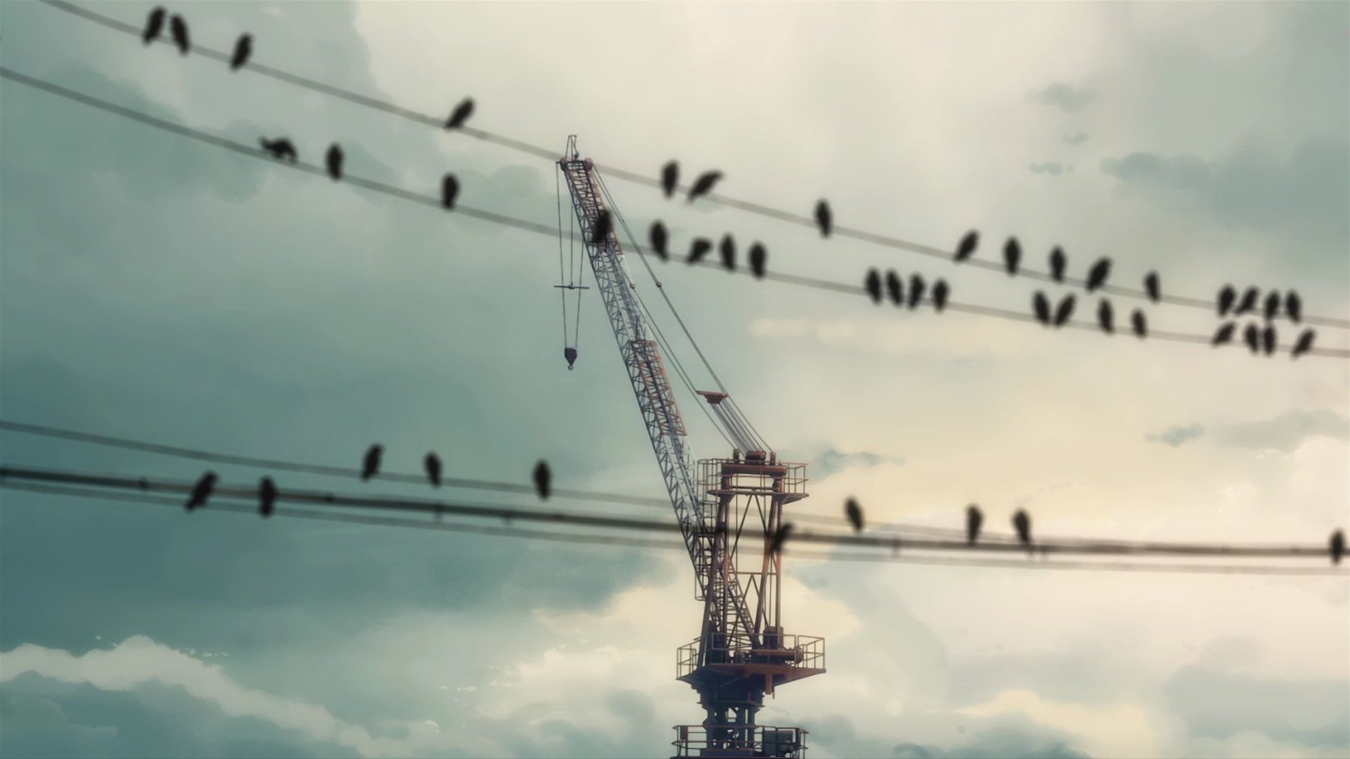 A serene HD wallpaper inspired by the anime 5 Centimeters per Second, featuring a crane against a cloudy sky with birds perched on power lines.