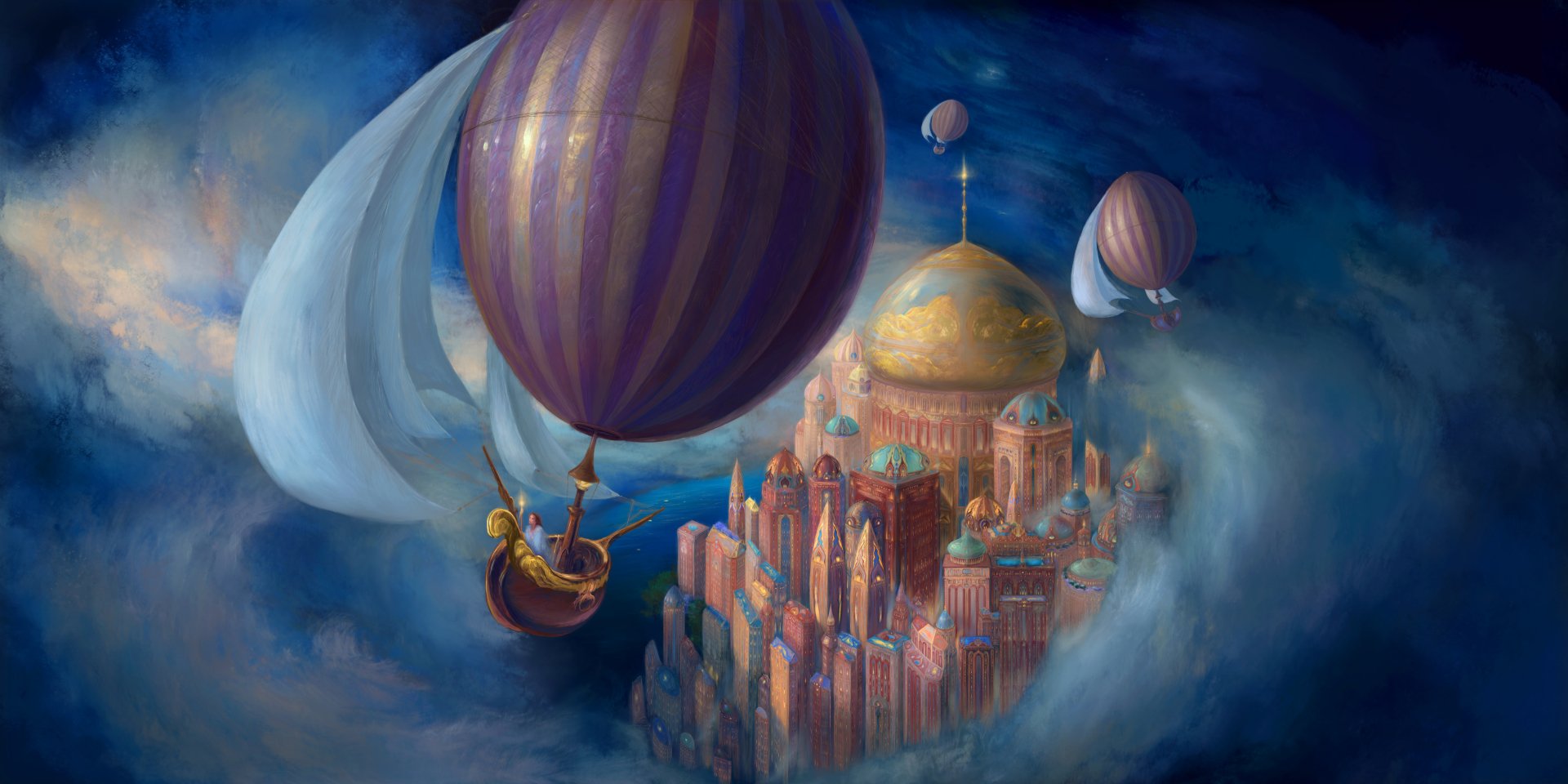 Fantasy city town with a domed golden cathedral and clustered buildings floating in a swirling sky, hot air balloons drifting above — 5K Ultra HD PC desktop wallpaper/background.