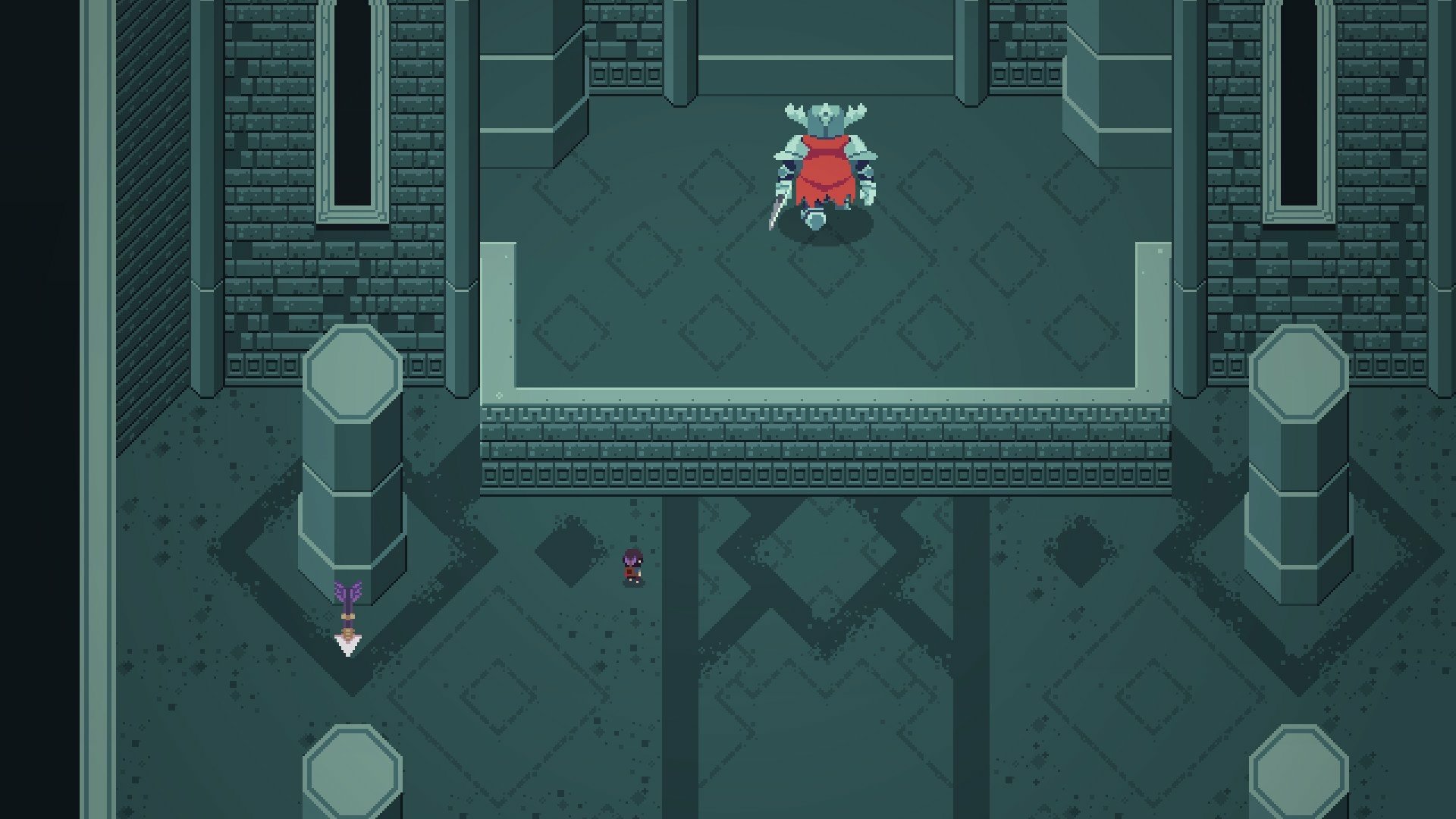 HD wallpaper featuring a scene from Titan Souls with a character facing a boss inside a dimly lit temple.