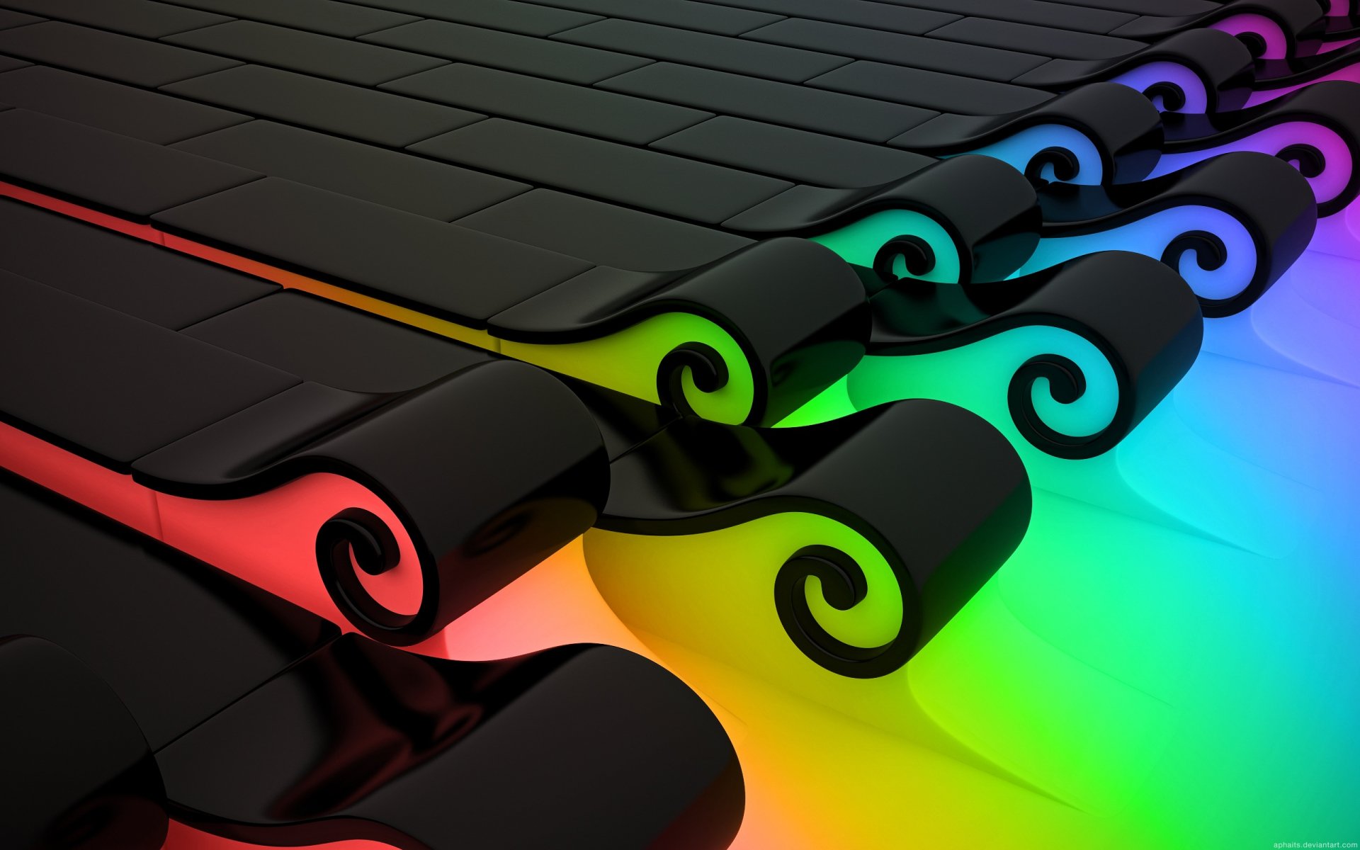 HD desktop wallpaper featuring a CGI abstract design with vibrant colors blending seamlessly over black rolled elements.