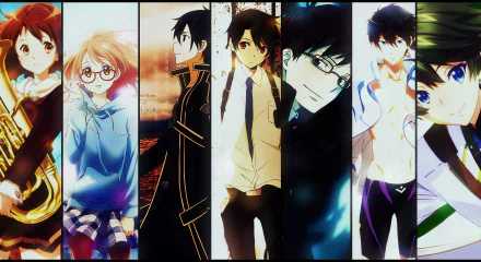 HD anime crossover wallpaper featuring various characters from different series, arranged in vertical panels.