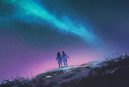 Anime-style HD desktop wallpaper showing two figures standing on a hill, gazing at a starry sky with a vibrant, colorful gradient.
