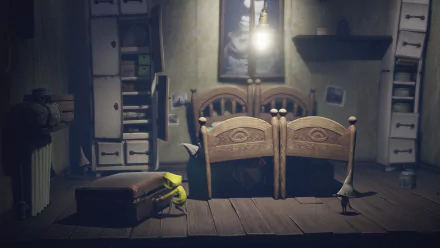 HD desktop wallpaper featuring a scene from Little Nightmares with a small character in a yellow raincoat by a bed and suitcase in a dimly-lit room.
