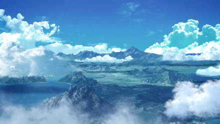 HD PC desktop wallpaper from the video game Tales of Berseria featuring a vast, mountainous landscape under a bright blue sky with scattered clouds.