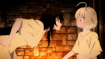 HD PC desktop wallpaper from the video game Tales of Berseria featuring an intense close-up between two characters against a warm, dimly lit brick background.