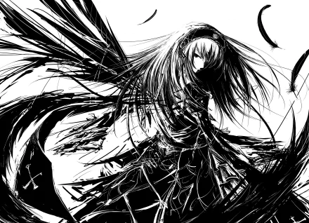 A striking black and white drawing of Suigintou from Rozen Maiden, showcasing intricate details and dramatic lines, designed as an HD wallpaper and background.