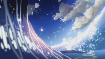 HD desktop wallpaper featuring a serene ocean scene with sparkling waves and wispy clouds, inspired by the anime 5 Centimeters per Second.