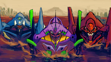 HD desktop wallpaper featuring Evangelion Units 00, 01, and 02 from the anime Neon Genesis Evangelion, set against a cityscape background.