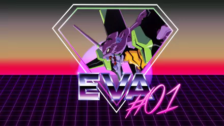A vibrant HD wallpaper featuring Evangelion Unit-01 from the anime Neon Genesis Evangelion, set against a retro-inspired grid background with bold neon colors.