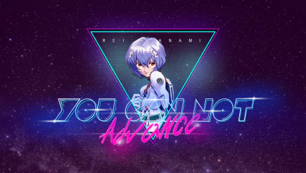 HD PC desktop wallpaper featuring Rei Ayanami from Neon Genesis Evangelion, with a retro neon design and the phrase You Can Not Advance against a starry background.