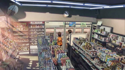 HD anime desktop wallpaper featuring a detailed convenience store scene from 5 Centimeters per Second by Kanae Sumita and Takaki Touno.