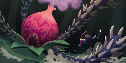 HD desktop wallpaper from Titan Souls featuring a tiny archer confronting a massive, heart-shaped enemy in a mystical forest setting.