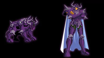 HD PC wallpaper of Taurus Aldebaran in Surplice armor (Saint Seiya): purple armored warrior with bull-shaped armor avatar on a black background. Anime.