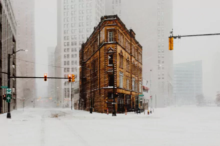 Snowfall blankets a quiet street in downtown Detroit, USA, highlighting a historic building amid a winter cityscape.