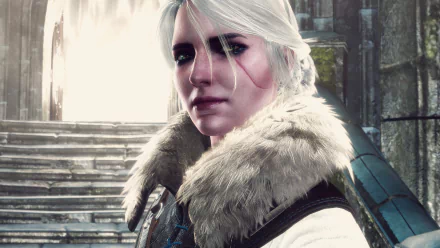 HD desktop wallpaper featuring Ciri from The Witcher 3: Wild Hunt, showcasing her detailed character design with a background of ancient stone steps and mysterious lighting.