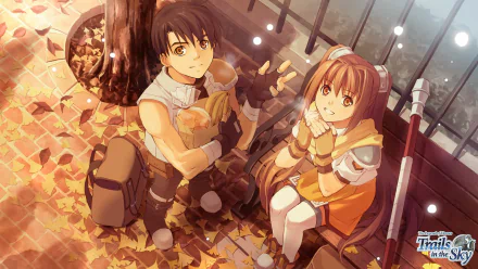 HD desktop wallpaper from The Legend of Heroes: Trails in the Sky the 3rd featuring two characters surrounded by autumn leaves.