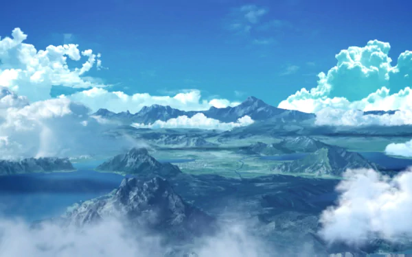 HD PC desktop wallpaper from the video game Tales of Berseria featuring a vast, mountainous landscape under a bright blue sky with scattered clouds.