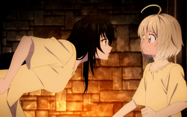 HD PC desktop wallpaper from the video game Tales of Berseria featuring an intense close-up between two characters against a warm, dimly lit brick background.