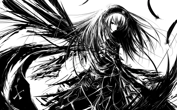 A striking black and white drawing of Suigintou from Rozen Maiden, showcasing intricate details and dramatic lines, designed as an HD wallpaper and background.
