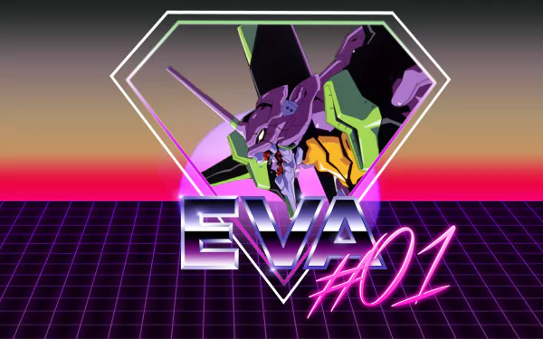 A vibrant HD wallpaper featuring Evangelion Unit-01 from the anime Neon Genesis Evangelion, set against a retro-inspired grid background with bold neon colors.