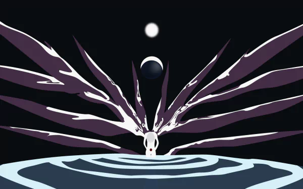 HD desktop wallpaper featuring Rei Ayanami from End of Evangelion with dark wings spreading over a pool of water under a full moon in an anime style.