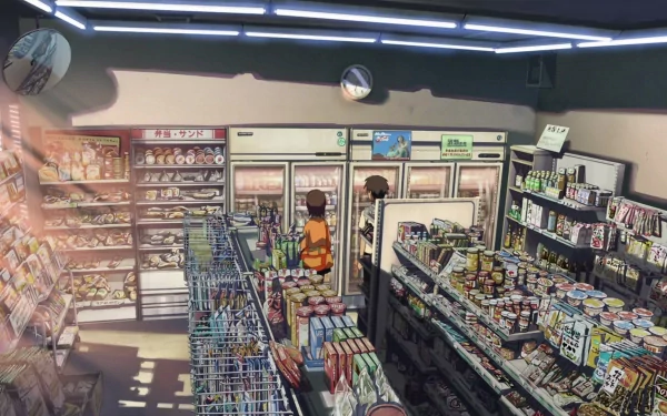 HD anime desktop wallpaper featuring a detailed convenience store scene from 5 Centimeters per Second by Kanae Sumita and Takaki Touno.