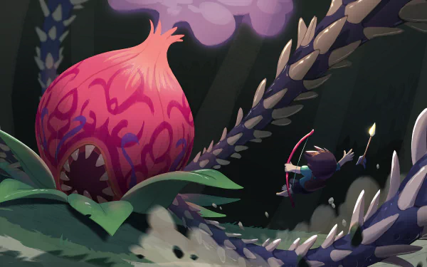 HD desktop wallpaper from Titan Souls featuring a tiny archer confronting a massive, heart-shaped enemy in a mystical forest setting.