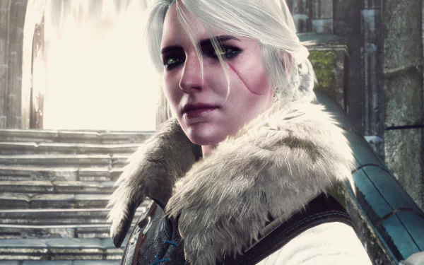 HD desktop wallpaper featuring Ciri from The Witcher 3: Wild Hunt, showcasing her detailed character design with a background of ancient stone steps and mysterious lighting.