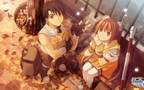 HD desktop wallpaper from The Legend of Heroes: Trails in the Sky the 3rd featuring two characters surrounded by autumn leaves.