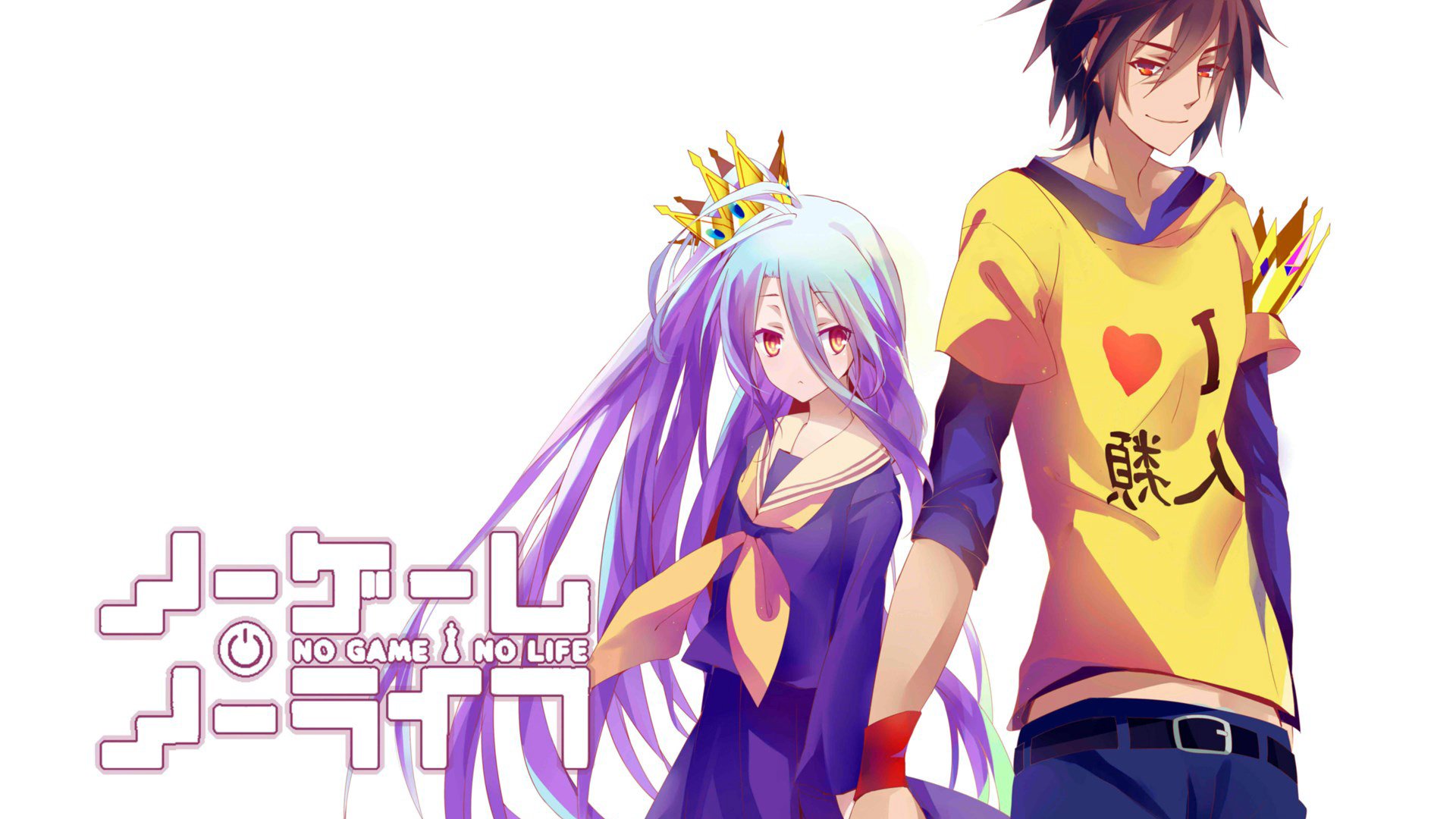 Sora and Shiro from No Game No Life standing side-by-side: purple-haired Shiro with a crown and school uniform, Sora in a yellow T-shirt; vibrant HD anime PC desktop wallpaper.