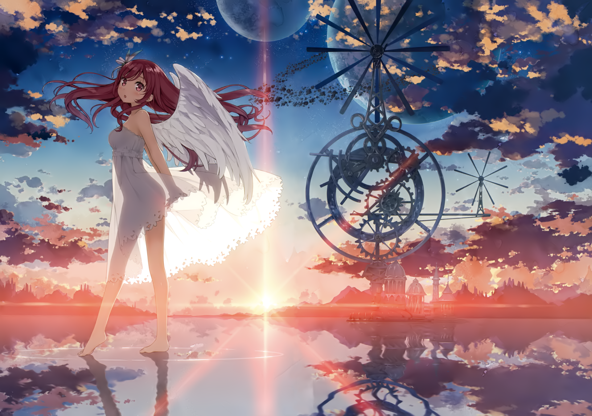 Anime character with white wings and a white dress stands on reflective water at sunset. The background features intricate windmill structures and a vibrant sky. HD desktop wallpaper and background.