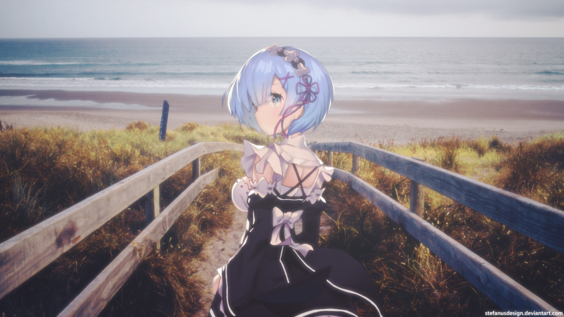 HD desktop wallpaper featuring Rem from the anime Re:Zero - Starting Life in Another World, set against a serene beach backdrop with wooden railings and sandy shores.