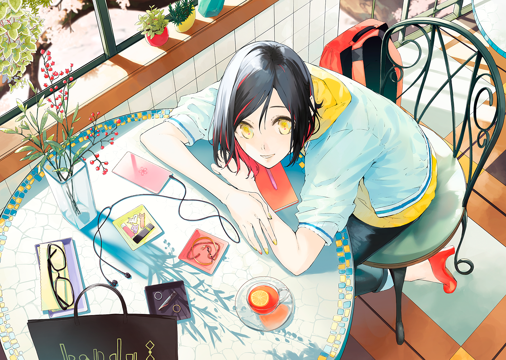 HD anime original desktop wallpaper featuring a character with dark hair and yellow eyes leaning on a colorful tiled table in a bright, plant-filled room.