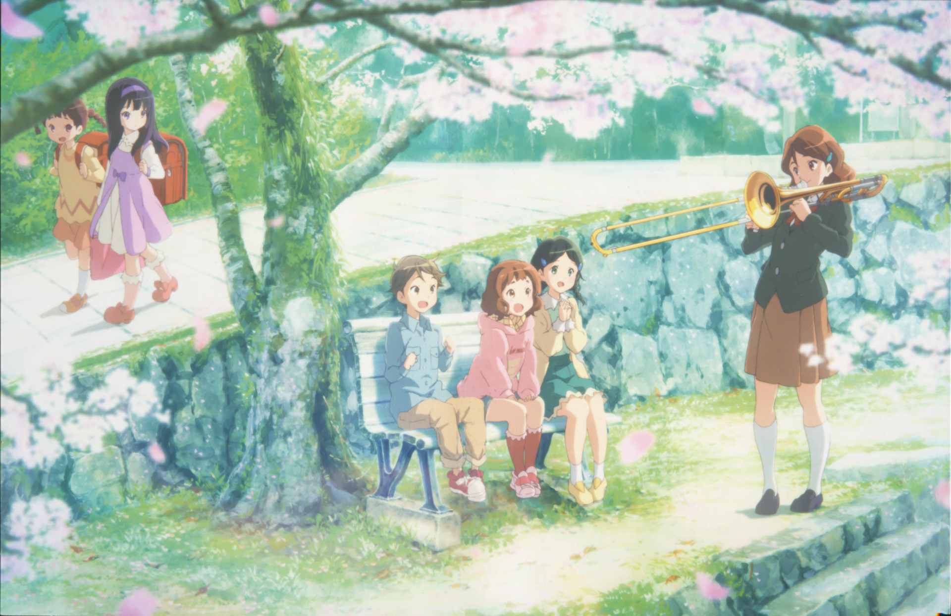 Sound! Euphonium 2K Quad HD desktop wallpaper: Kumiko Oumae and friends sit under cherry blossoms while Reina Kousaka plays trumpet beside a mossy stone wall.