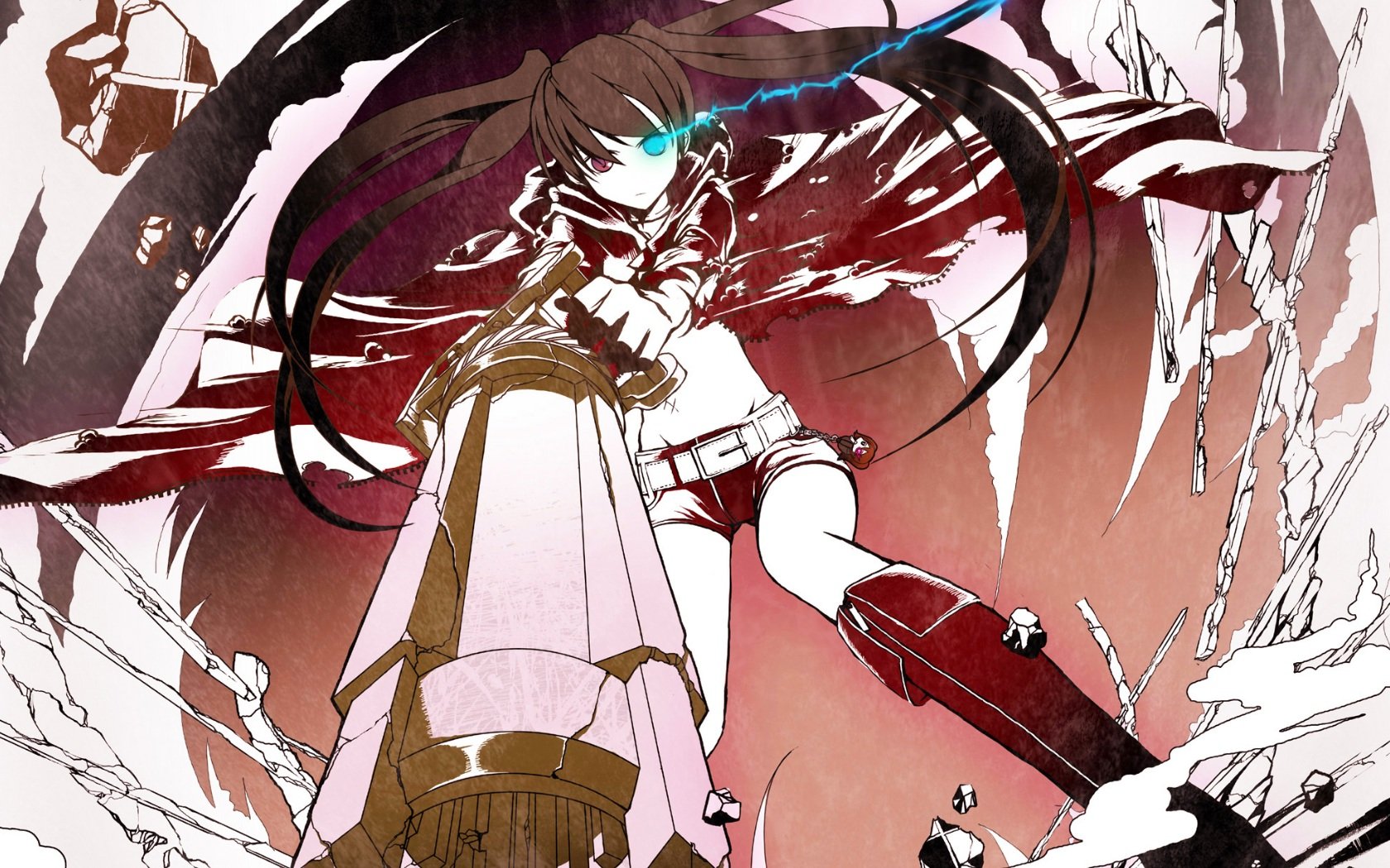 Anime-inspired HD wallpaper featuring Black Rock Shooter, wielding a large gun with striking blue highlights and dynamic action elements in a dramatic composition.