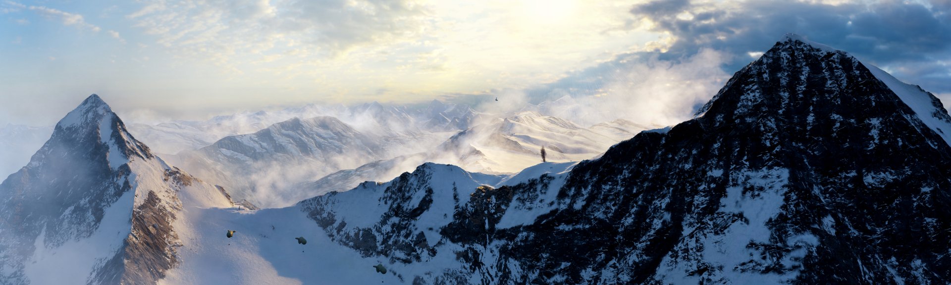 HD desktop wallpaper from the video game Battlefield 1 featuring a lone figure standing on a snowy mountain ridge overlooking misty peaks.