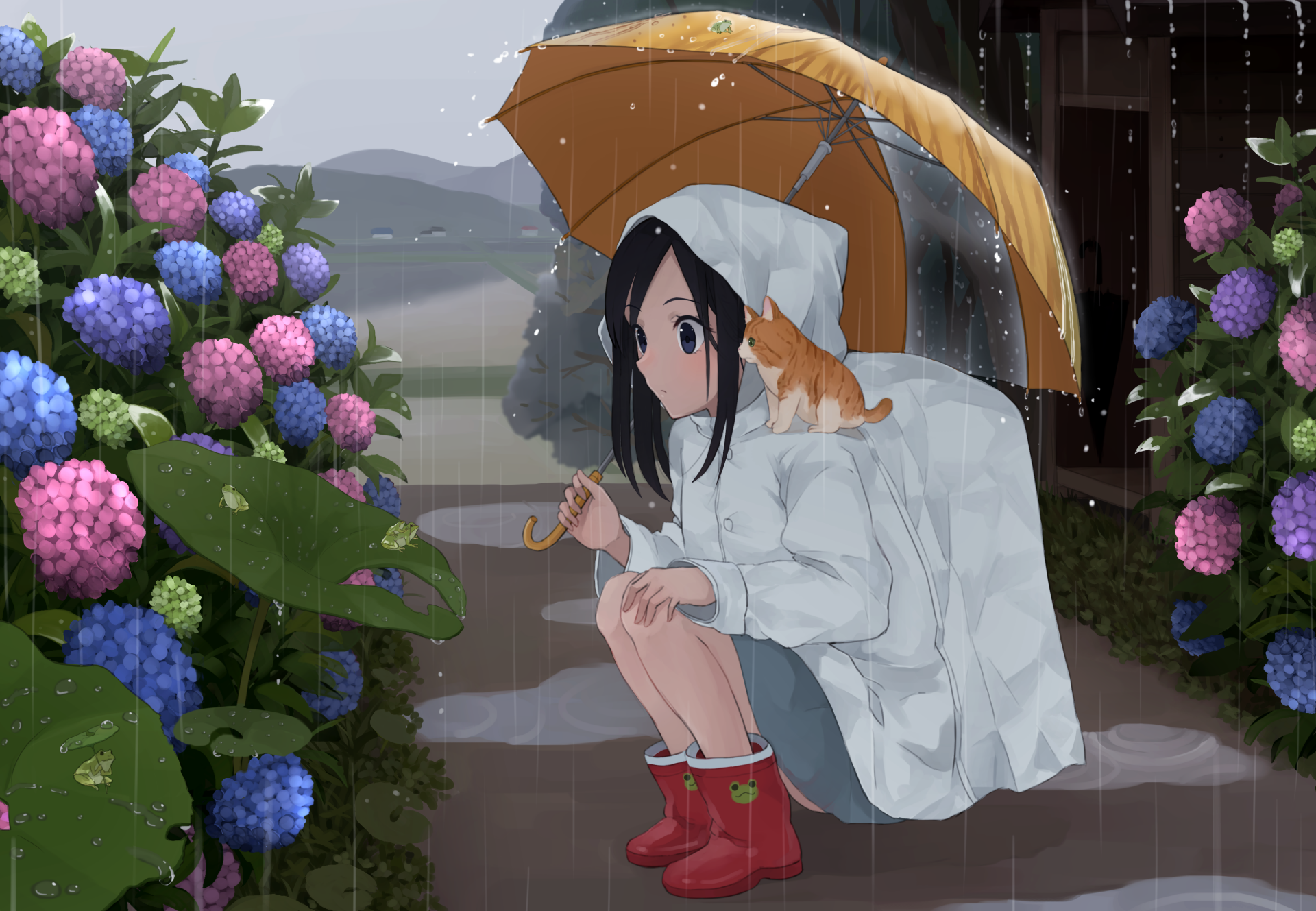 An enchanting anime HD desktop wallpaper featuring a girl in a raincoat and red boots, holding a yellow umbrella with a cat on her shoulder, surrounded by vibrant hydrangeas under the rain.