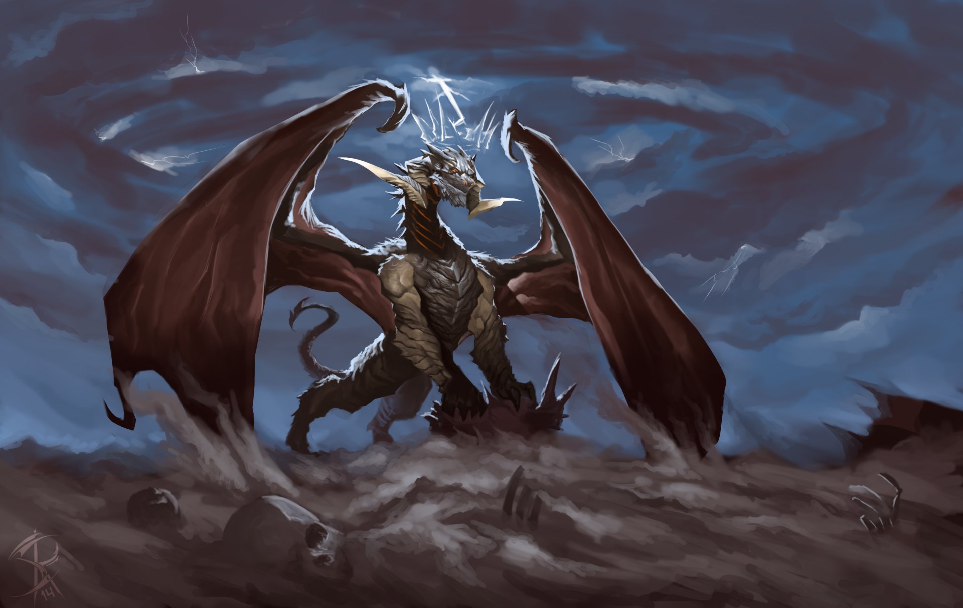 A dark fantasy dragon with large wings and glowing eyes, surrounded by stormy clouds and lightning, rendered in 4K Ultra HD as a dramatic PC desktop wallpaper.